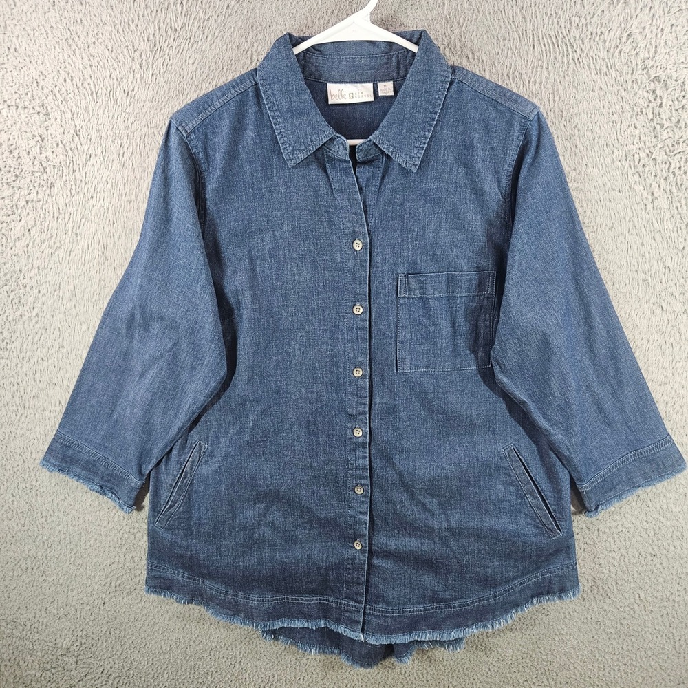 Belle by Kim Gravel Womens Denim Button Down Shirt Medium Wash Frayed Hem M